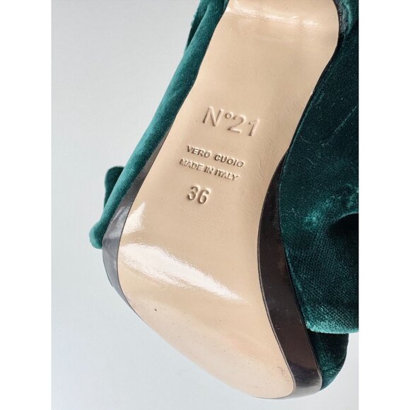 NWOB N.21 Dark Green Velvet Bow Knotted Peep Toe High Heel Mules, Size 36 - Picture 11 of 16